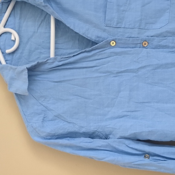 Large Blue Shein Shirt Roll Tab Sleeves Collared Button Up Gold Buttons - Picture 3 of 14